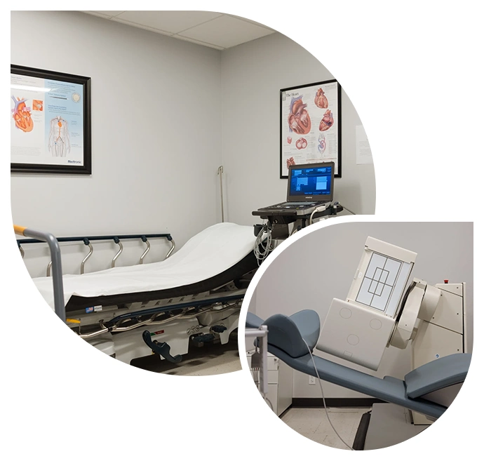 Non-invasive cardiac diagnostic examination room and nuclear heart imaging scanner at Arizona Heart and Vascular Clinic.