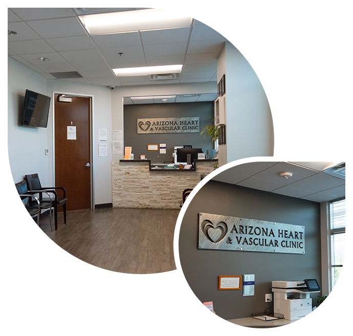 Reception counter and branded lobby entrance sign at Arizona Heart and Vascular Clinic.