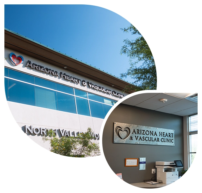 Exterior building signage and interior reception wall logo at Arizona Heart and Vascular Clinic.